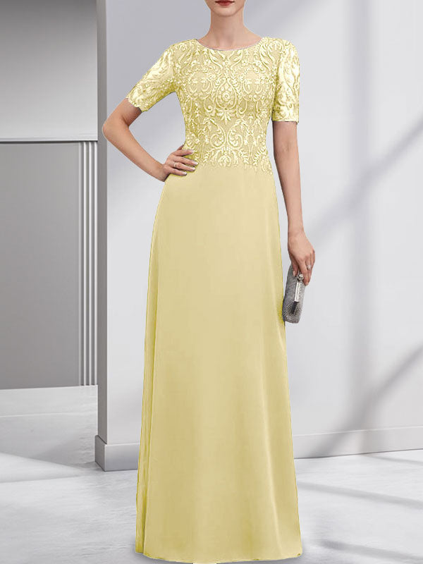 Vestido de gasa con encaje y lentejuelas para madre de la novia, corte A, largo hasta el suelo