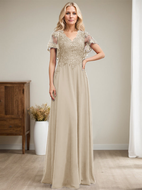 Vestido de madre de la novia de gasa con encaje, escote en V y lentejuelas, largo hasta el suelo