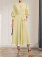 A-line High Neck Tea-Length Lace Chiffon Mother of the Bride Dress With Bow