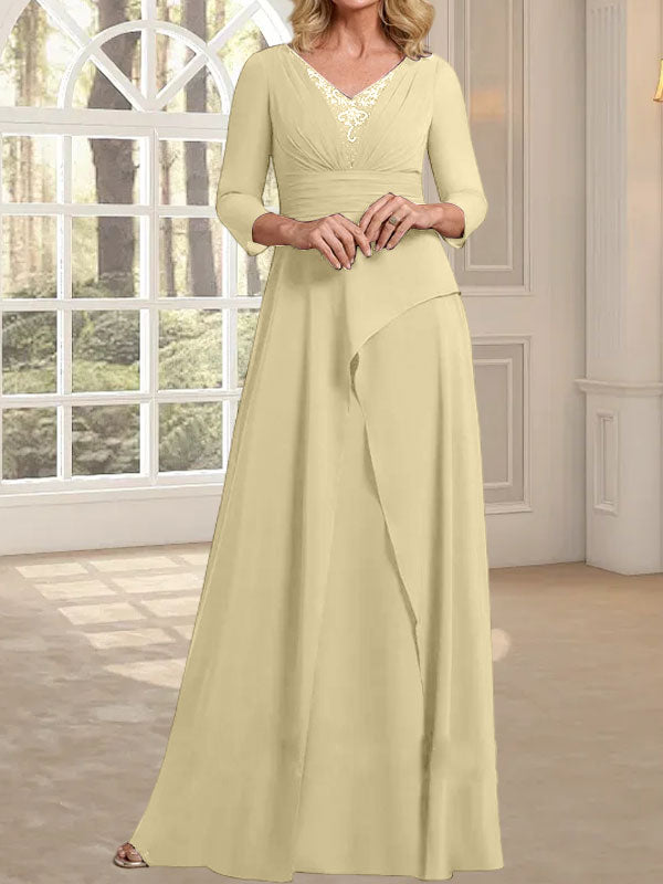 Vestido de gasa para madre de la novia con escote en V, largo hasta el suelo, con pliegues y cuentas