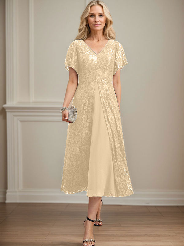 Vestido de gasa con encaje y escote en V para madre de la novia, largo hasta la rodilla