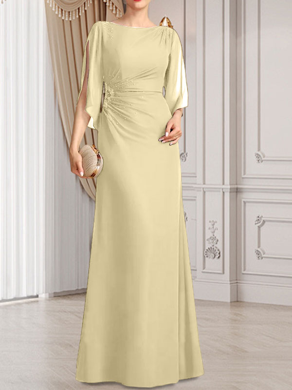 Vestido de gasa para madre de la novia con corte tubo/columna, escote redondo y largo hasta el suelo, con cuentas plisadas