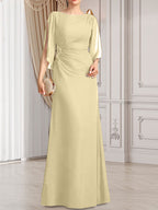 Vestido de gasa para madre de la novia con corte tubo/columna, escote redondo y largo hasta el suelo, con cuentas plisadas