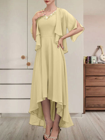A-Linien-Kleid mit V-Ausschnitt, asymmetrischem Chiffon für die Brautmutter mit Perlen und Pailletten