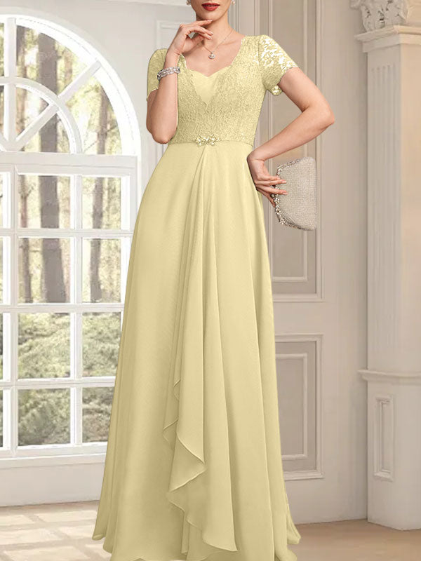 Vestido de madre de la novia de gasa con encaje, corte en A, escote corazón, largo hasta el suelo, con volantes en cascada y cuentas