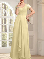 Vestido de madre de la novia de gasa con encaje, corte en A, escote corazón, largo hasta el suelo, con volantes en cascada y cuentas