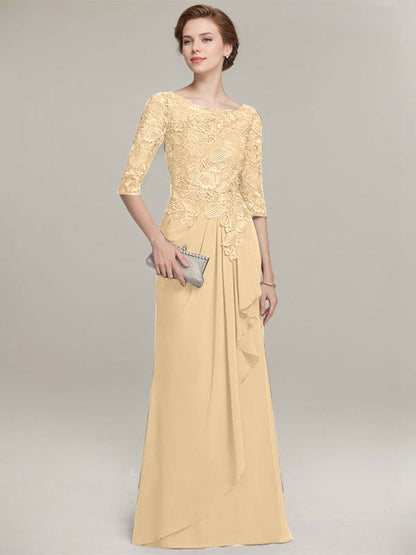 Vestido de gasa con encaje, corte A, escote ilusión, largo hasta el suelo, para madre de la novia con volantes en cascada