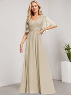 Vestido de madre de la novia de gasa con encaje, escote en V y lentejuelas, largo hasta el suelo