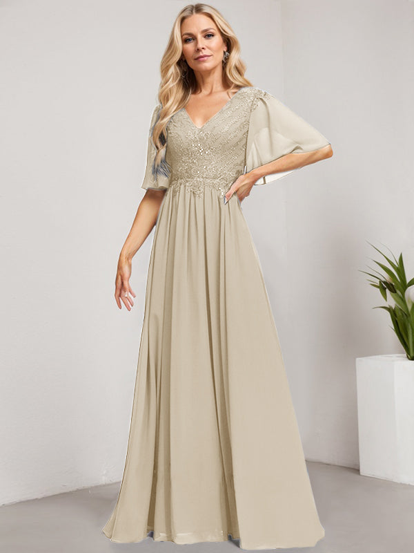 Vestido de madre de la novia de gasa con encaje, escote en V y lentejuelas, largo hasta el suelo