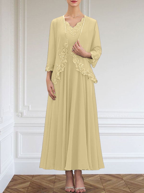 Vestido de gasa para madre de la novia, corte A, escote en V, largo hasta los tobillos, con apliques de lentejuelas, encaje y cuentas