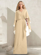 Vestido de gasa para madre de la novia con escote en V, corte A y largo hasta el suelo, con volantes en cascada y cuentas
