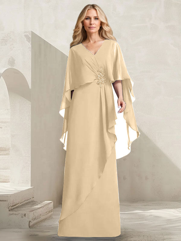 Vestido de gasa para madre de la novia con escote en V, corte A y largo hasta el suelo, con volantes en cascada y cuentas