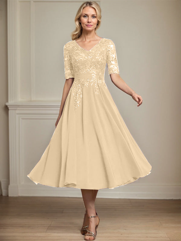 Vestido de gasa con encaje y lentejuelas para madre de la novia, corte A, escote en V y largo hasta la rodilla