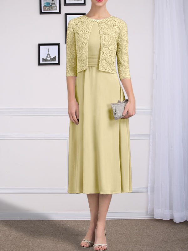 Vestido de gasa para madre de la novia con corte en A, escote redondo y largo hasta la rodilla con pliegues