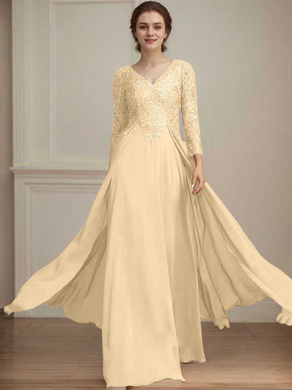 A-Linie V-Ausschnitt Bodenlanges Spitzen-Chiffon-Kleid für die Brautmutter mit Pailletten 