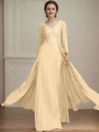 A-Linie V-Ausschnitt Bodenlanges Spitzen-Chiffon-Kleid für die Brautmutter mit Pailletten 