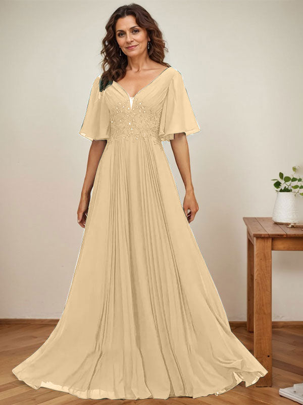 Vestido de gasa para madre de la novia, corte A, escote en V, largo hasta el suelo, con apliques de lentejuelas y encaje plisado
