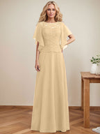 Vestido de gasa con encaje y lentejuelas para madre de la novia, corte A, escote ilusión, largo hasta el suelo