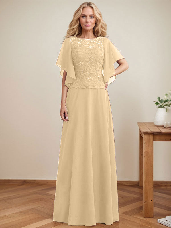 Vestido de gasa con encaje y lentejuelas para madre de la novia, corte A, escote ilusión, largo hasta el suelo