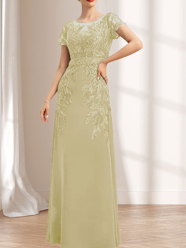 Vestido de madre de la novia de gasa con encaje, escote redondo, ilusión, largo hasta el suelo, con lentejuelas