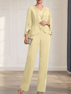 Vestido de gasa para madre de la novia, con escote en V y largo hasta el suelo, de mono/pantalón separado