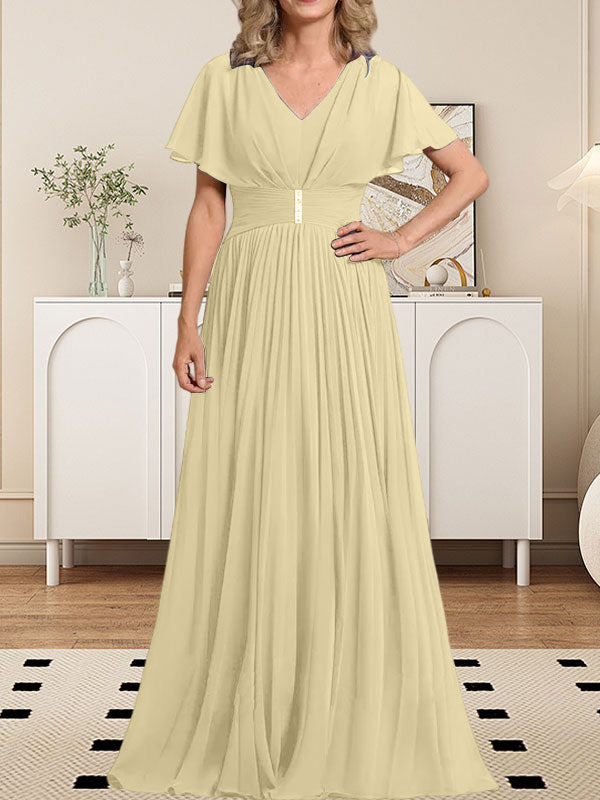 Vestido de gasa para madre de la novia, corte A, escote en V, largo hasta el suelo, con broche de cristal y plisado