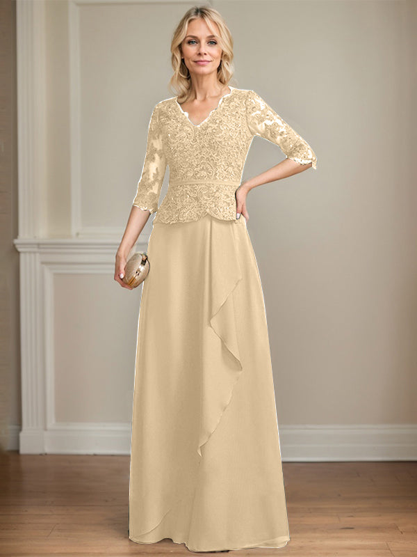 Vestido de madre de la novia de gasa con encaje, escote en V, largo hasta el suelo, con volantes en cascada y lentejuelas