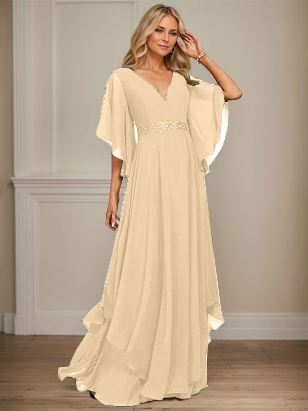 Vestido de gasa para madre de la novia, corte A, escote en V, largo hasta el suelo, con apliques de lentejuelas, encaje y abalorios