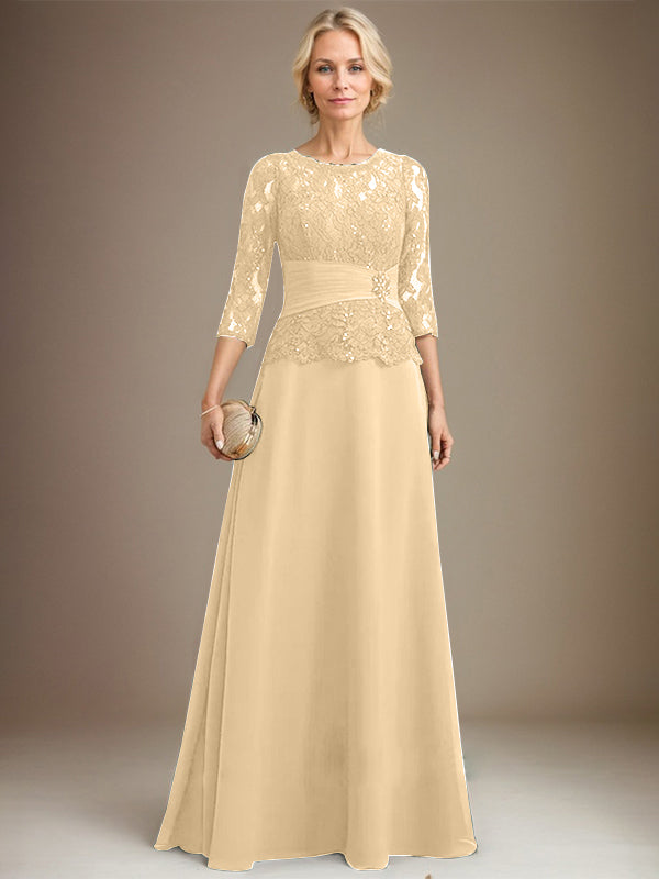 Vestido de gasa con encaje, corte A, ilusión, largo hasta el suelo, para madre de la novia, con lentejuelas plisadas y abalorios