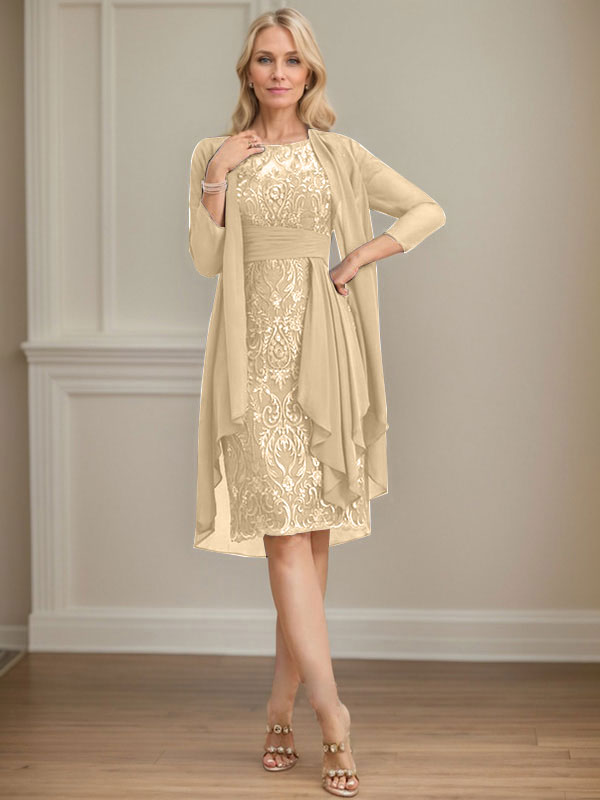 Vestido de madre de la novia de gasa con encaje, escote redondo, ilusión, largo hasta la rodilla, con volantes en cascada y lentejuelas