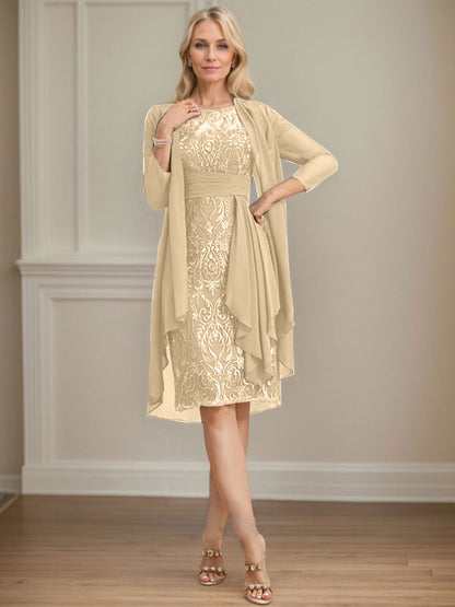 Sheath/Column Scoop Illusion Knee-Length Lace Chiffon Mother of the Bride Dress With Cascading Ruffles Sequins