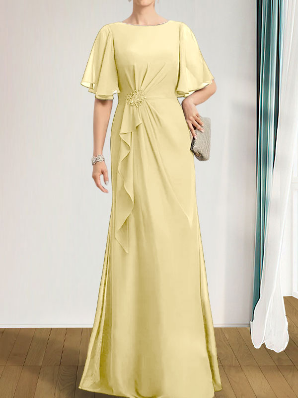 Vestido de gasa para madre de la novia, corte A, escote redondo, largo hasta el suelo, con volantes en cascada, cuentas y lentejuelas