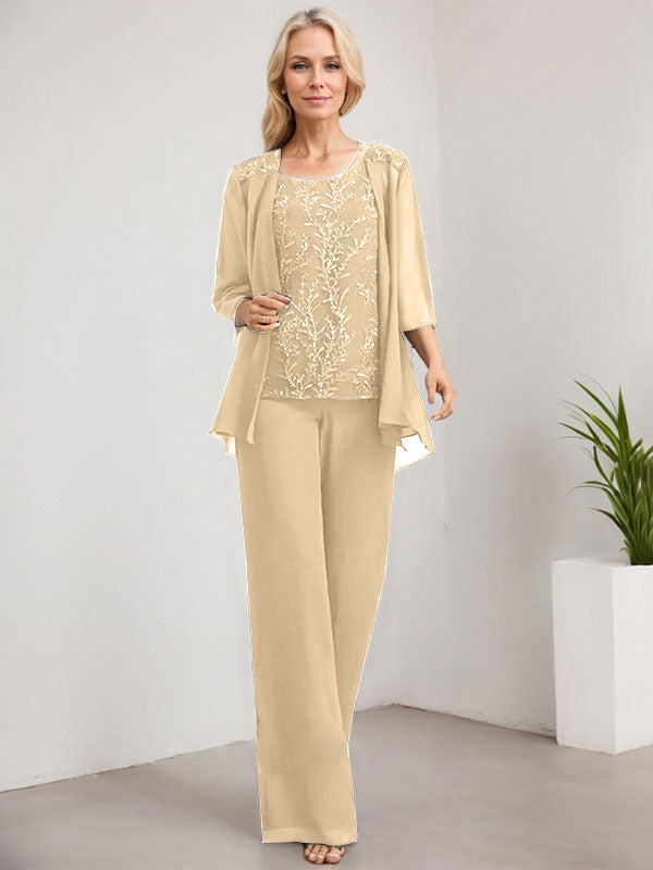 Vestido de madre de la novia de gasa con encaje, largo hasta el suelo, con lentejuelas y mono/pantalón separado