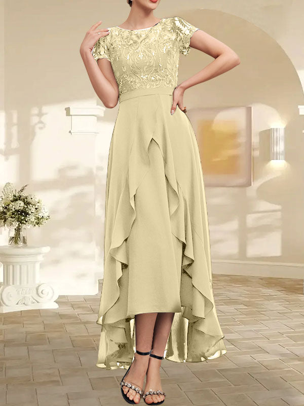 Vestido de madre de la novia de gasa asimétrica con escote en A, ilusión, encaje, lazo, volante y lentejuelas