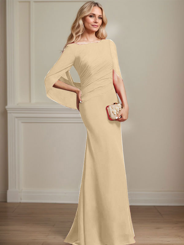 Vestido de madre de la novia de gasa con escote barco, corte trompeta/sirena, largo hasta el suelo, con pliegues