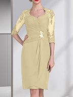 Vestido de gasa para madre de la novia con escote corazón, largo hasta la rodilla, con apliques de cuentas, encaje y lentejuelas plisado.