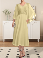 A-Linie V-Ausschnitt Wadenlanges Chiffon-Spitzenkleid für die Brautmutter mit Perlen und Pailletten