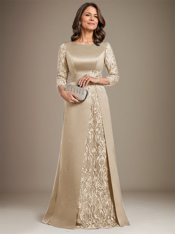 Vestido de madre de la novia de satén con encaje, corte A, largo hasta el suelo y apliques