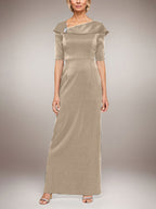 Vestido largo de columna brillante con puños doblados, escote en L y mangas hasta el codo