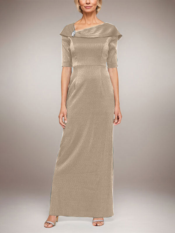 Vestido largo de columna brillante con puños doblados, escote en L y mangas hasta el codo