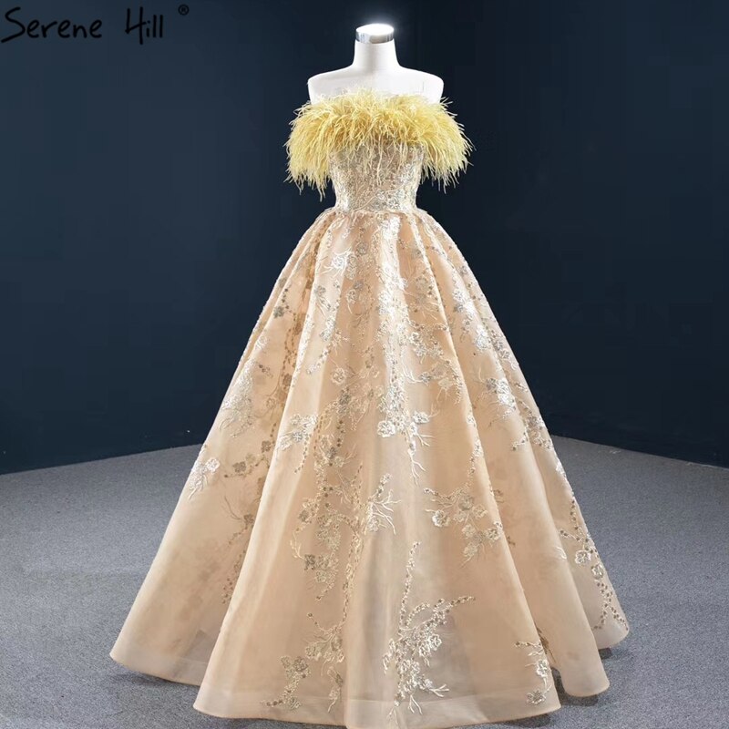 Champagner A-Linie Trägerlos Sexy Abendkleider 2025 Schulterfrei Federn Glitzer Abendkleid HM67164 