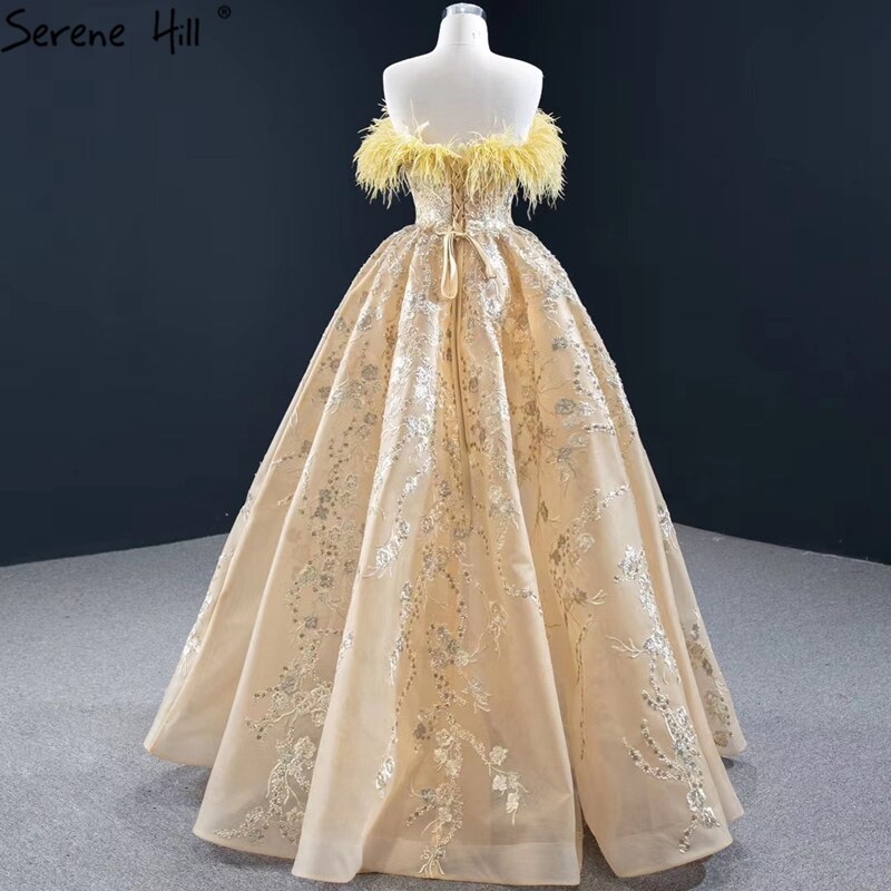 Champagner A-Linie Trägerlos Sexy Abendkleider 2025 Schulterfrei Federn Glitzer Abendkleid HM67164 