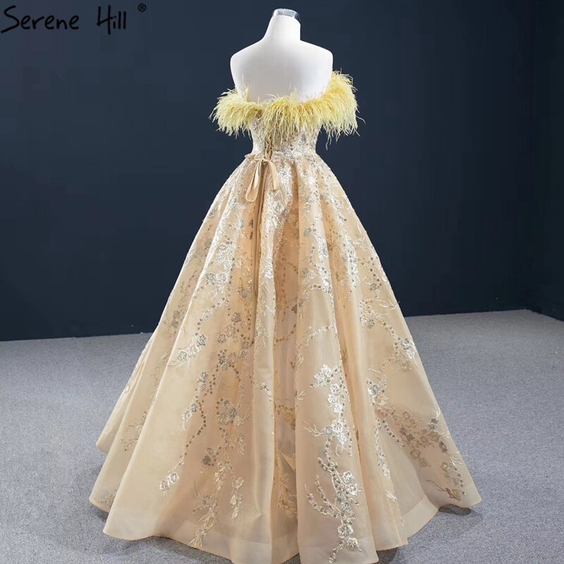 Champagner A-Linie Trägerlos Sexy Abendkleider 2025 Schulterfrei Federn Glitzer Abendkleid HM67164 
