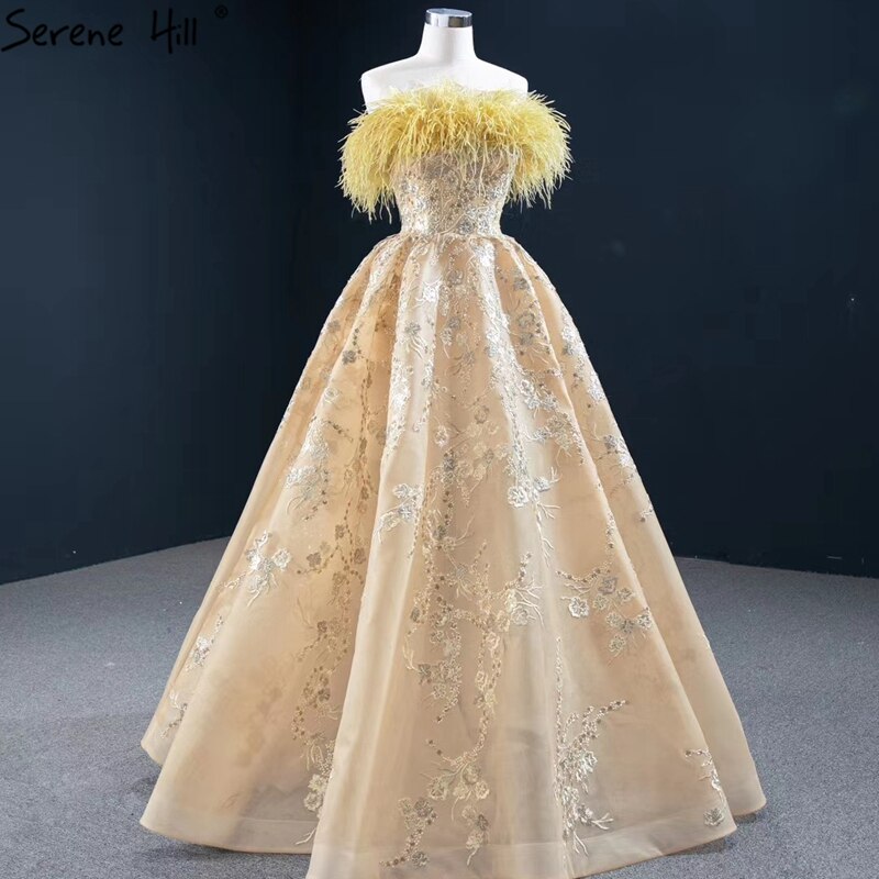 Champagner A-Linie Trägerlos Sexy Abendkleider 2025 Schulterfrei Federn Glitzer Abendkleid HM67164 