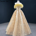 Champagner A-Linie Trägerlos Sexy Abendkleider 2025 Schulterfrei Federn Glitzer Abendkleid HM67164 