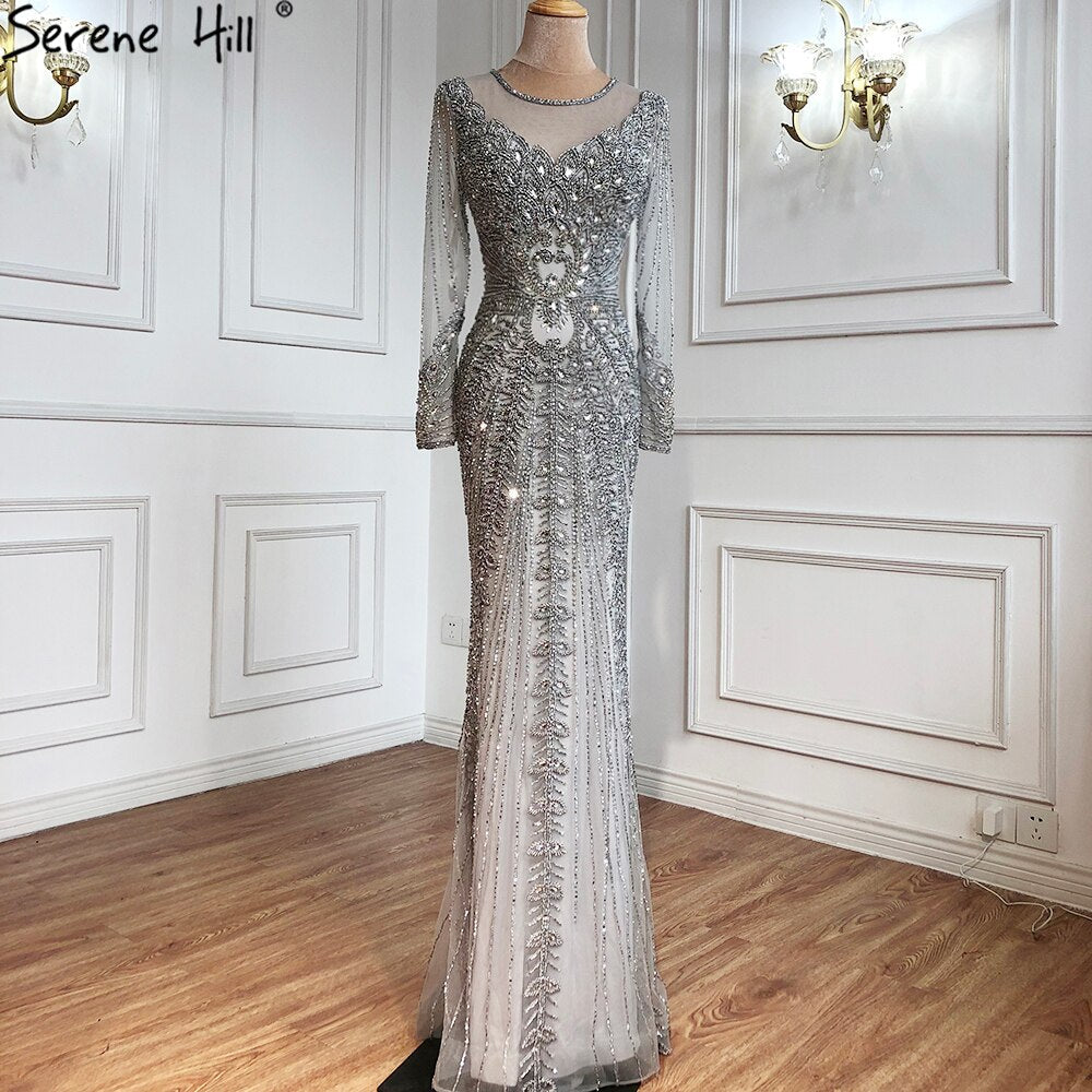 Champagner Dubai Luxus Meerjungfrau Abendkleider mit langen Ärmeln Diamant Perlen Abendkleid 2025 LA70443 