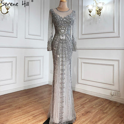 Vestido de noche de sirena de lujo color champán, estilo Dubái, con mangas largas y pedrería de diamantes, vestido formal 2025 LA70443 