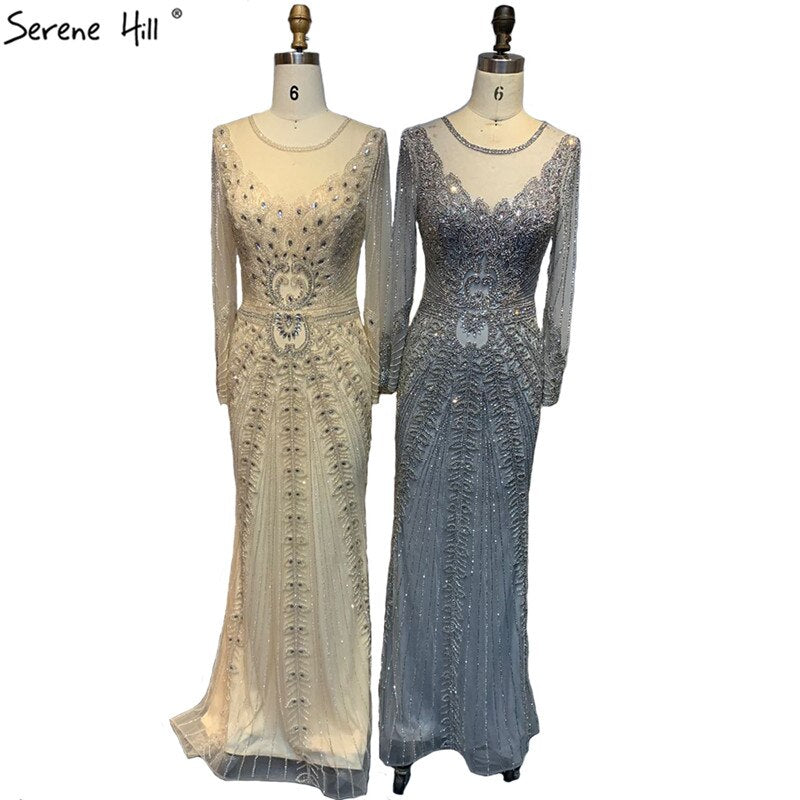 Champagner Dubai Luxus Meerjungfrau Abendkleider mit langen Ärmeln Diamant Perlen Abendkleid 2025 LA70443 
