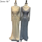 Champagner Dubai Luxus Meerjungfrau Abendkleider mit langen Ärmeln Diamant Perlen Abendkleid 2025 LA70443 