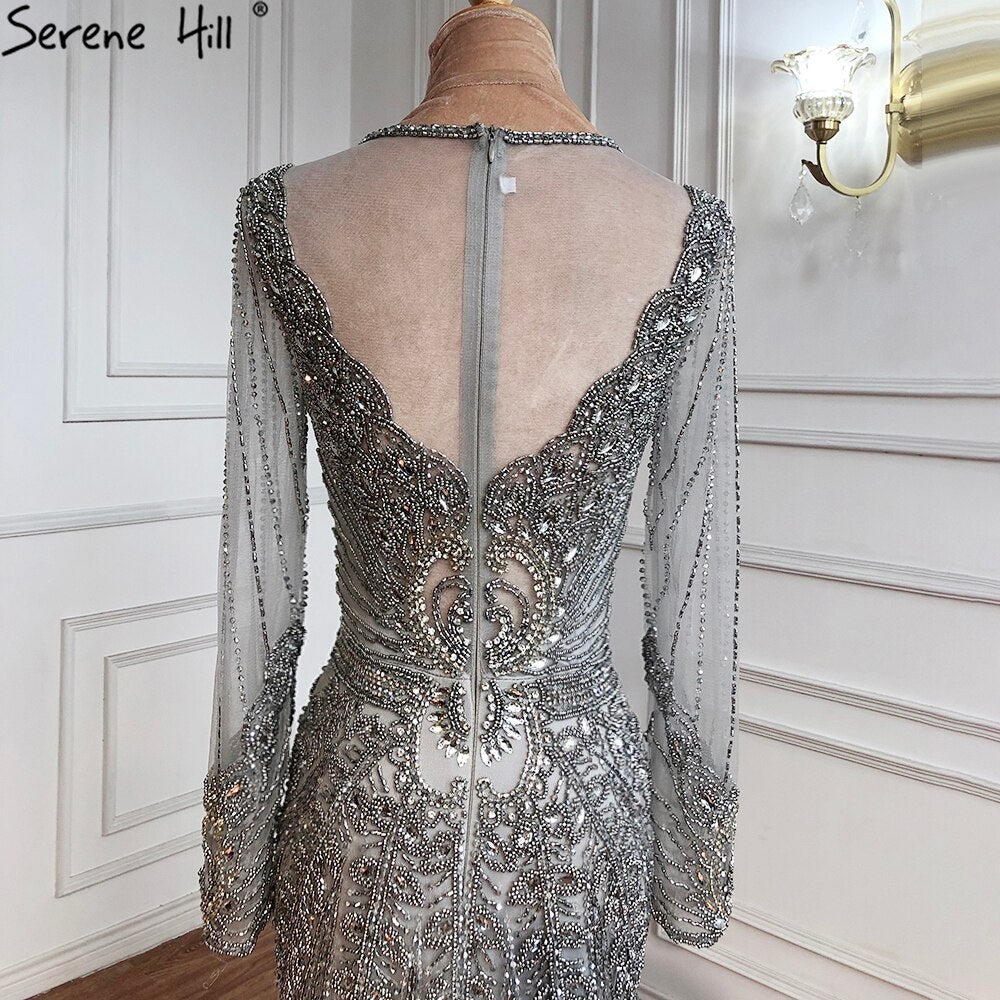 Champagner Dubai Luxus Meerjungfrau Abendkleider mit langen Ärmeln Diamant Perlen Abendkleid 2025 LA70443 